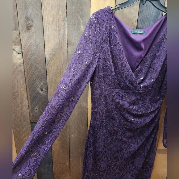 Lauren Ralph Lauren Evening Gown Dress Lace Sequin Plum Purple - Picture 5 of 9